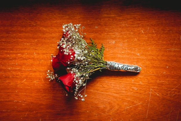 Bridal bouquet on wooden table