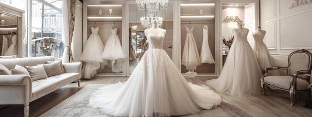 Bridal dress showcased in a stylish wedding salon