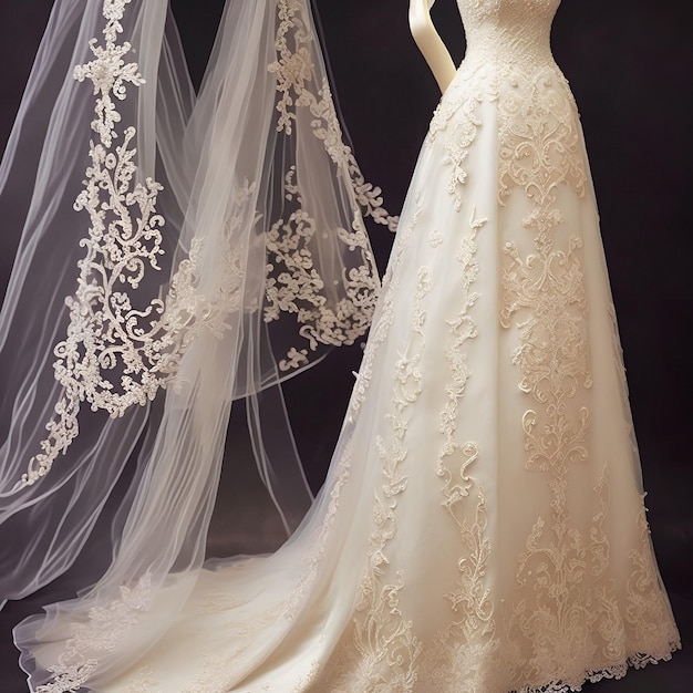 A bridal gown with a lace design and a long veil.