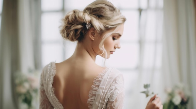 bridal hairstyle intricate updo adorned with flower in the background