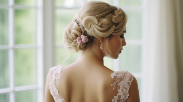 Фото Свадебная прическа, замысловатая прическа, украшенная цветком на заднем плане