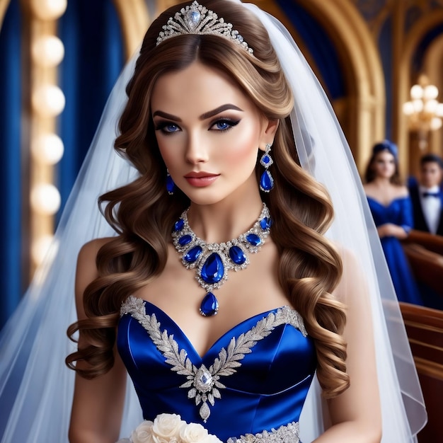 Foto sposa in colore blu reale con gioielli blu