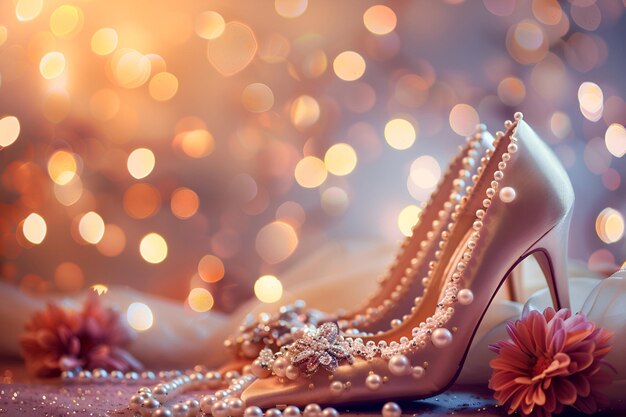 Bridal shoes with delicate flowers and pearls against a festive wedding background bokeh lights