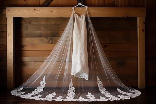 Bridal Veil Draped Over Wooden Hanger