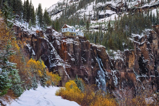 Bridal Veil Falls with a power plant at its top in Telluride Colorado