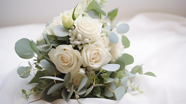 Свадебный букет невесты белые розы цветы эвкалипта
