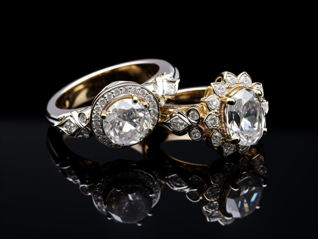 新郎と新婦の婚約指輪 黄金の指輪とダイヤモンド | プレミアム写真