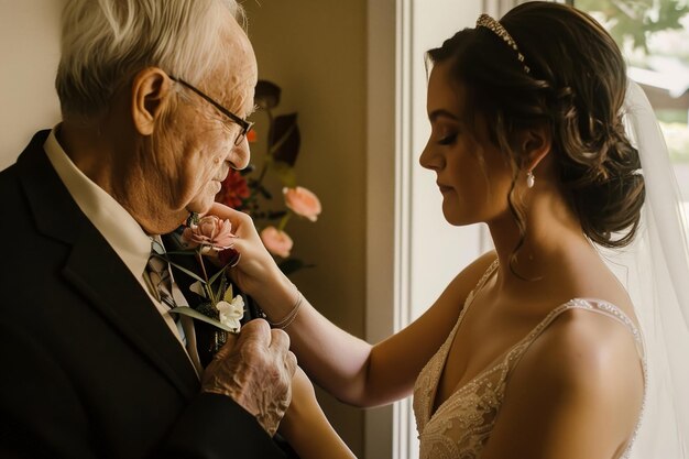 Foto la sposa che attacca il bottoniere al reverso del padre