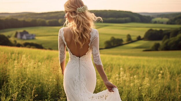 Photo bride_back_view_countryside_farm