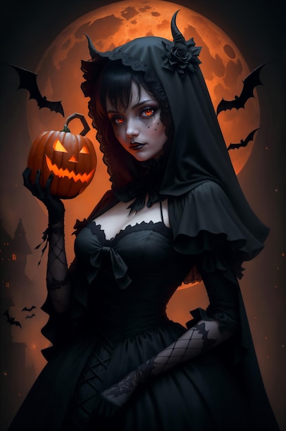 Bride in a black dress holding halloween pumpkin