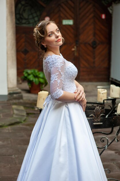 A bride in a blue dress