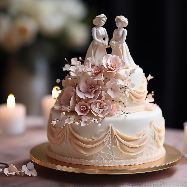 Photo bride and bride topper on elegant wedding cake figurines of the bride and groom on a beautiful