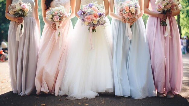 Bride and Bridesmaids Adorned in Pastel Dresses with Flower Bouquets