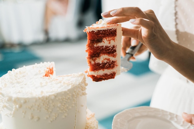 花嫁がウエディング ケーキの最初の部分をカットします。