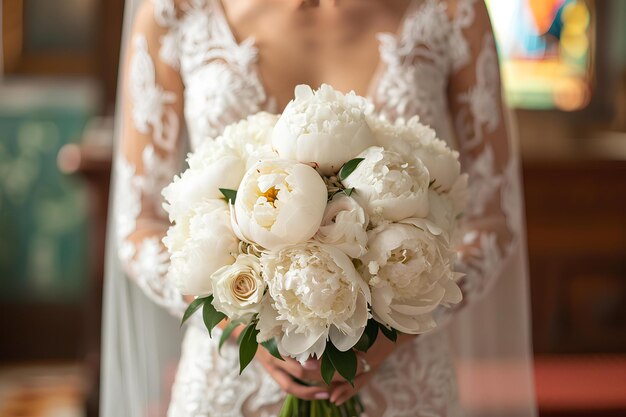 A bride in an elegant gown holding a bridal bouquet of peonies