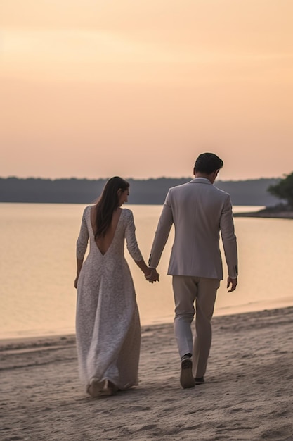 a bride in an elegant wedding gown and her groom in a smart suit walking hand in hand along the sea