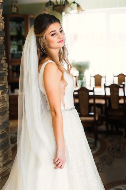 Bride in exquisite wedding dress and wedding veil in the room profile