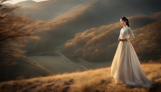 Photo a bride in a field of golden grass