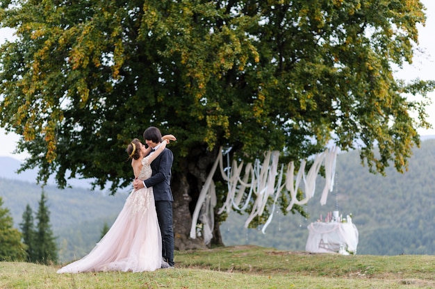 Gli sposi si abbracciano sotto una vecchia quercia. servizio fotografico di matrimonio in montagna.