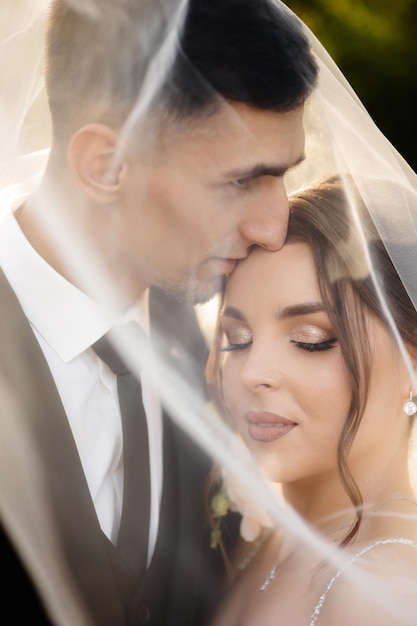 a bride and groom are kissing each other in front of a veil