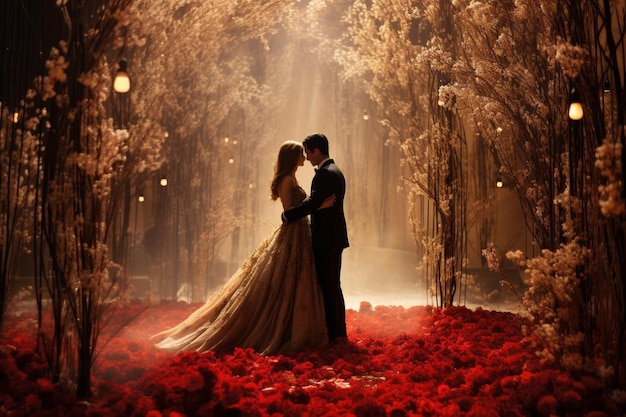 the bride and groom are kissing in the forest