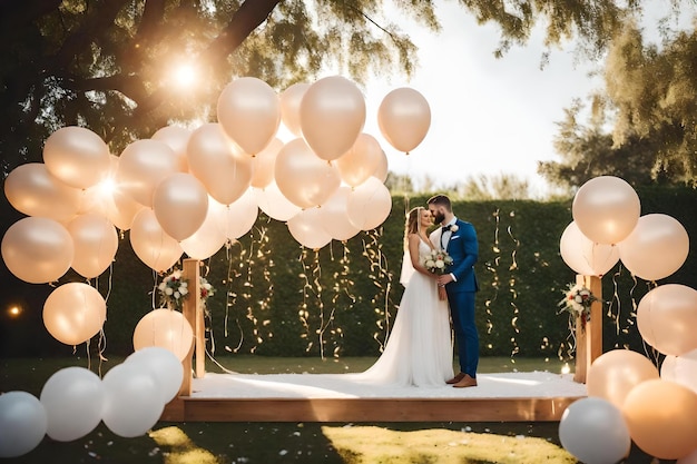 The bride and groom are kissing under a large arch with balloons and the bride and groom.