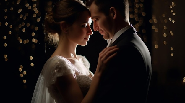 A bride and groom are looking at each other in front of a black background.