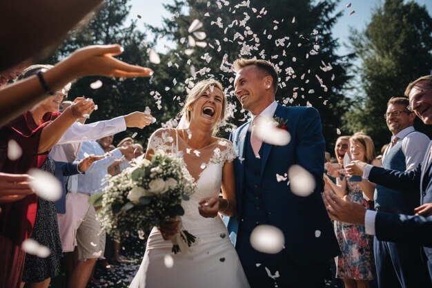 a bride and groom are showered with confetti