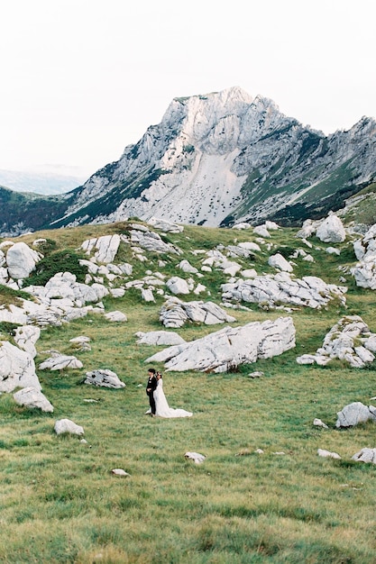 Foto gli sposi sono in piedi tra gli enormi massi grigi ai piedi delle montagne