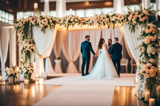 Foto una sposa e uno sposo sono in piedi davanti a un arco floreale