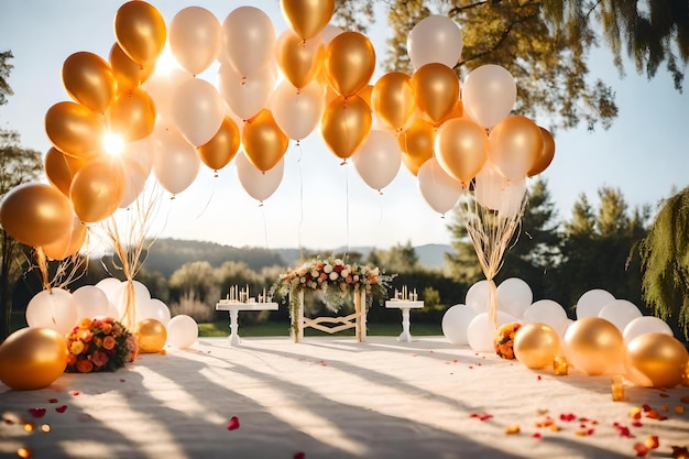 A bride and groom are surrounded by balloons and oranges.