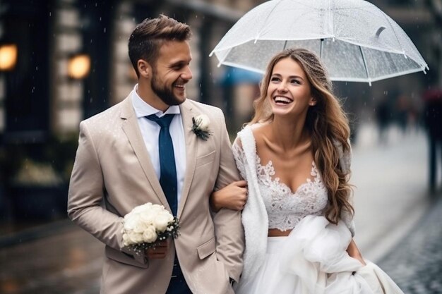 a bride and groom are walking in the rain