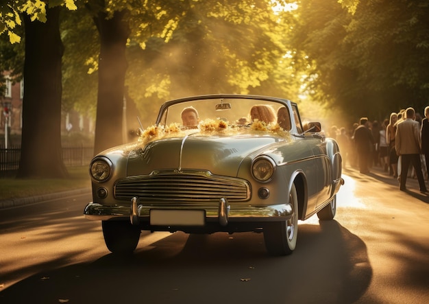 A bride and groom arriving at the venue in a classic car