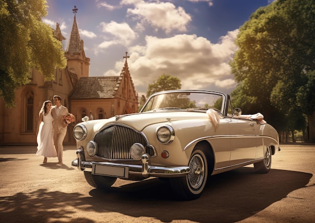 A bride and groom arriving at the venue in a classic car