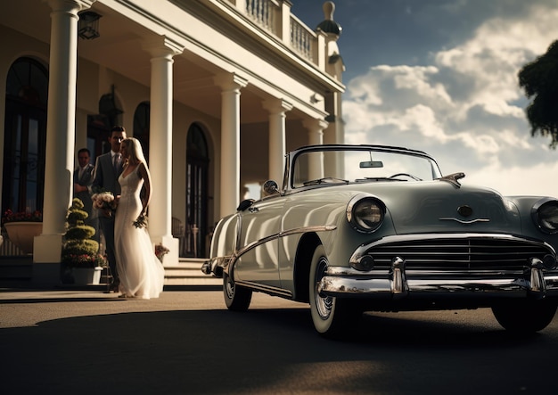 A bride and groom arriving at the venue in a classic car