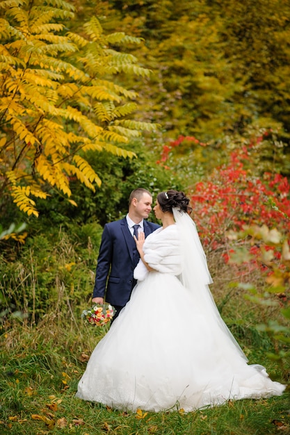 The bride and groom on the background of the autumn park