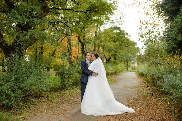 The bride and groom on the background of the autumn park