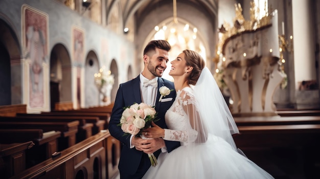 the bride and groom in the church