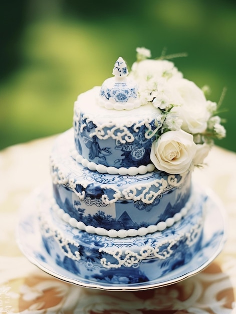 Bride and groom cut blue wedding cake Generative AI