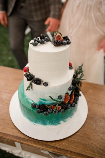 Bride and groom cut the wedding cake