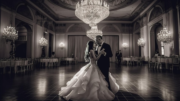 A bride and groom dance in a ballroom