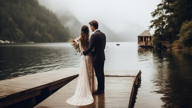 bride and groom on a dock by a lake