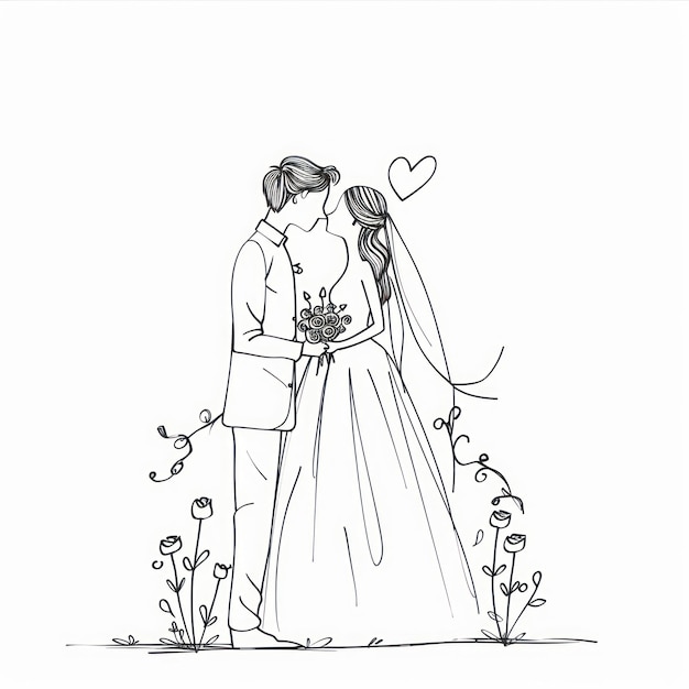 Photo bride and groom doodle drawing sketch line
