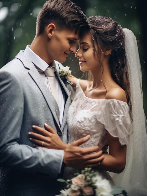 Photo a bride and groom embrace in the rain