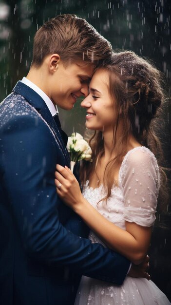 Photo a bride and groom embrace in the rain