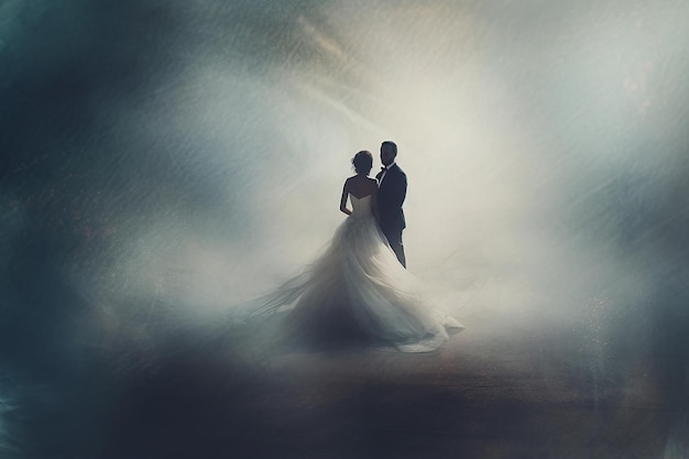 Bride and groom embraced in a mystical ethereal setting with a dreamlike atmosphere