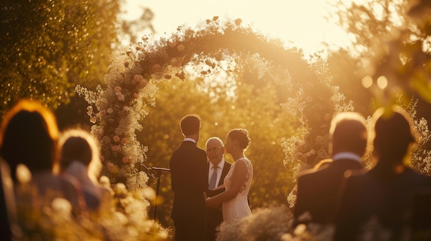 Photo bride and groom exchange vows in a sunlit outdoor wedding ceremony framed by a floral arch and an intimate gathering