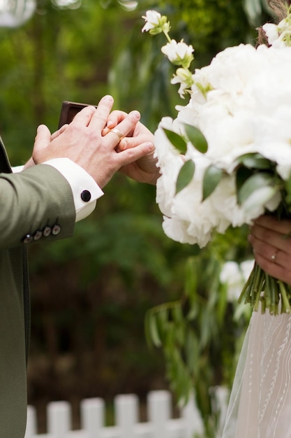 Bride and groom exchange wedding rings