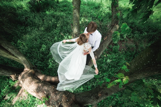 Photo bride and groom in the forest