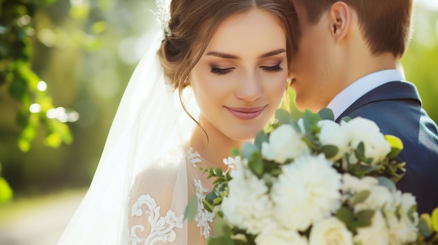 bride and groom in a garden